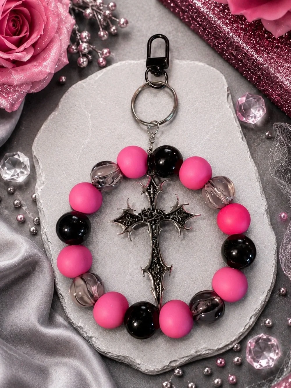 Hand Crafted Pink and Black Beaded Cross Keychain